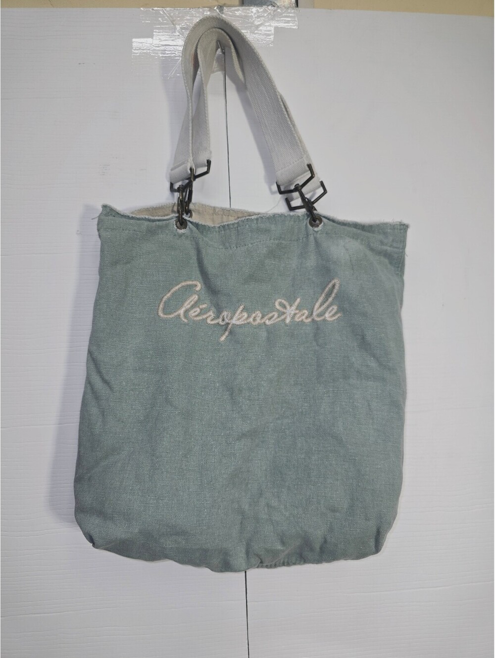 Vintage Aeropostale Canvas Tote Bag Sage Green Script Embroidery Stained Y2K